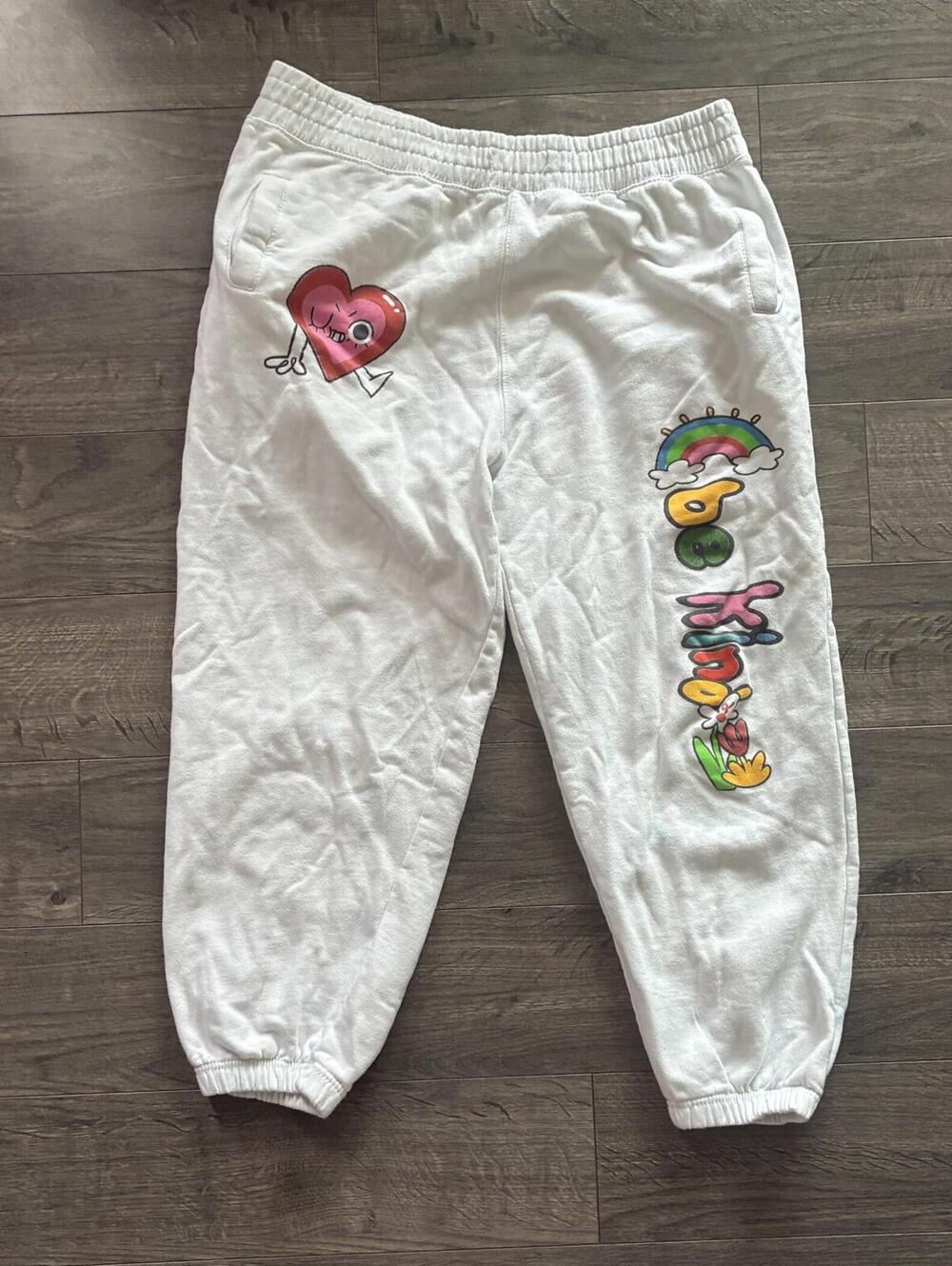 White jogging pants with colorful graphic